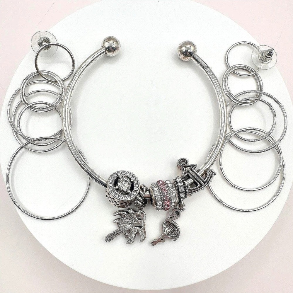 Vintage Y2K Silver Tone Charm Rhinestone Bracelet Boho & Dangle Earrings Jewelry